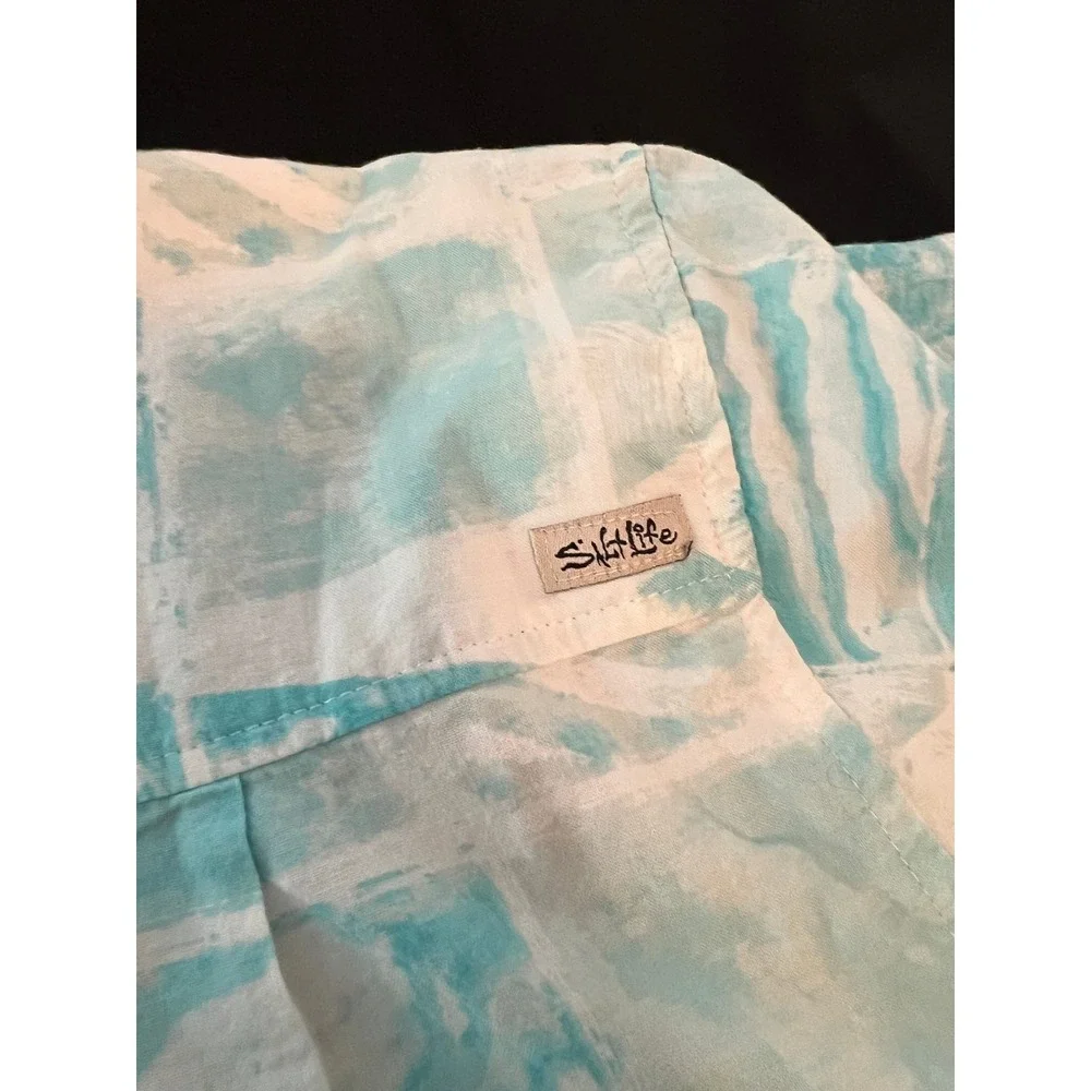 Salt Life Mens XXL Teal White Fish Palm Tree Print Short Sleeve Button Shirt
